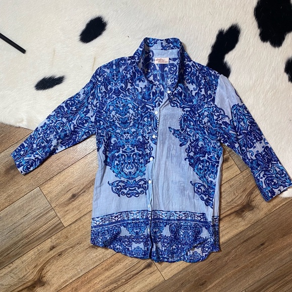 Antica Sartoria long-sleeve, collared button-down tunic ornate paisley pattern - Picture 1 of 7